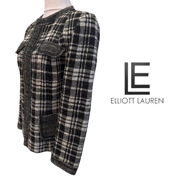 Elliott Lauren Black & White Plaid Virgin Wool Cotton Blend Open front Blazer 6 - Picture 7 of 10
